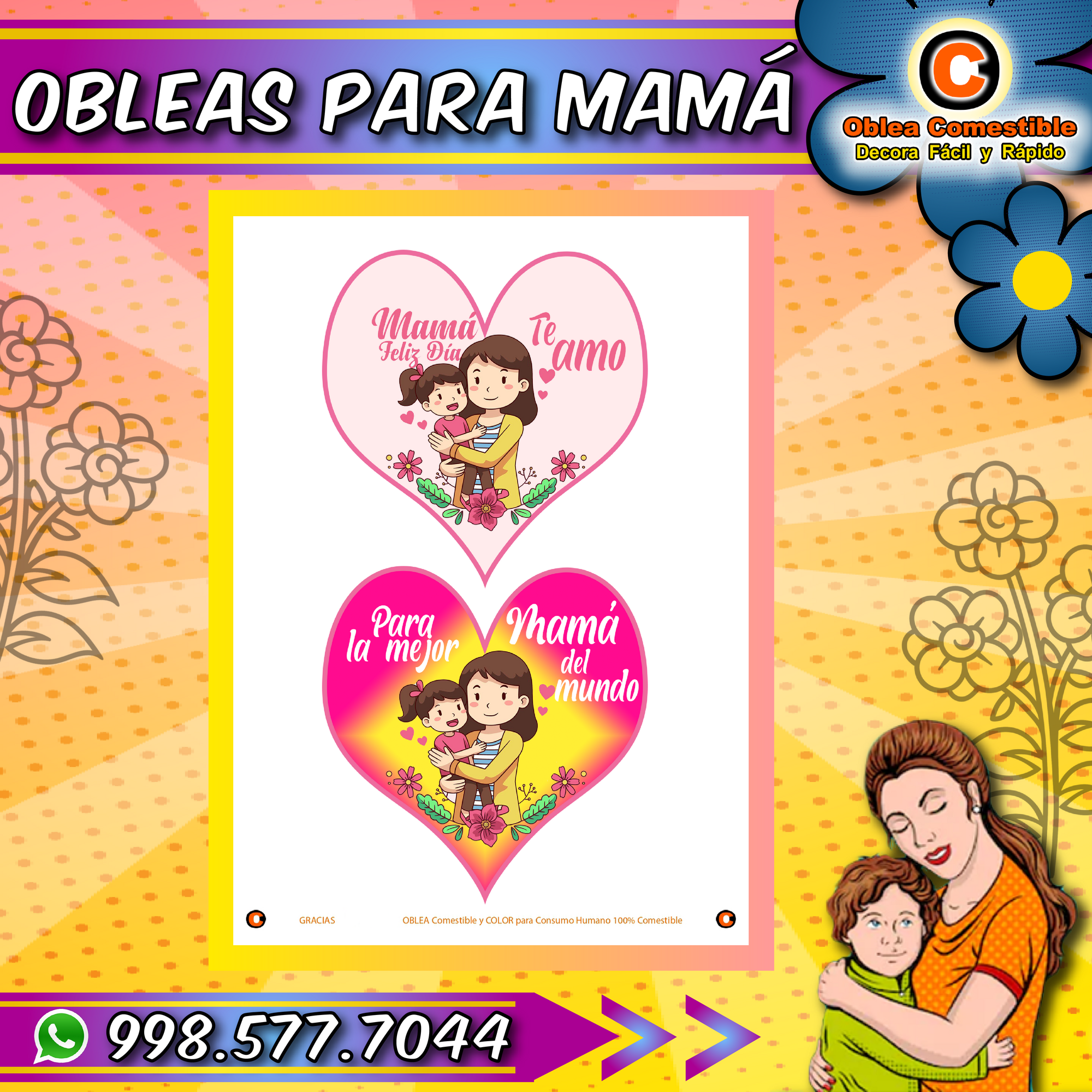 Corazones dia de las Madres con Oblea Comestible